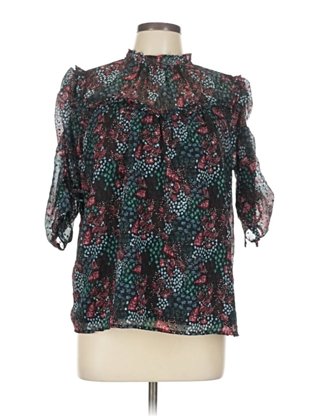 LOFT Black Floral Sheer Ruffle-Neck Blouse